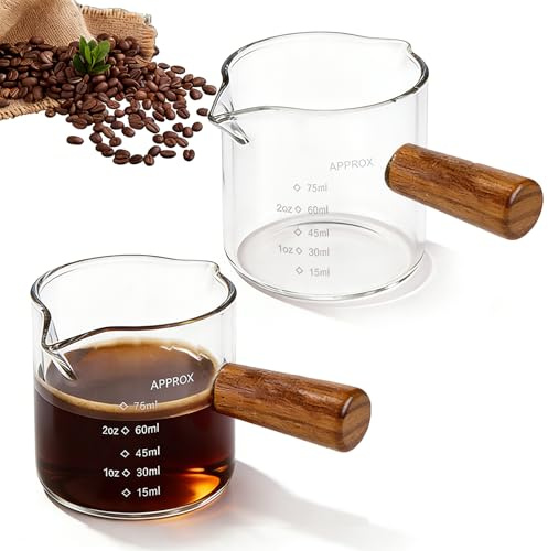 GZYYANG 2 st Espresso mätbehållare glas med trähandtag, 75ml V-formad dubbelutflödesbryggare, klarglas skummaskin, liten kaffe mätbehållare med skala glas Espresso tillbehör