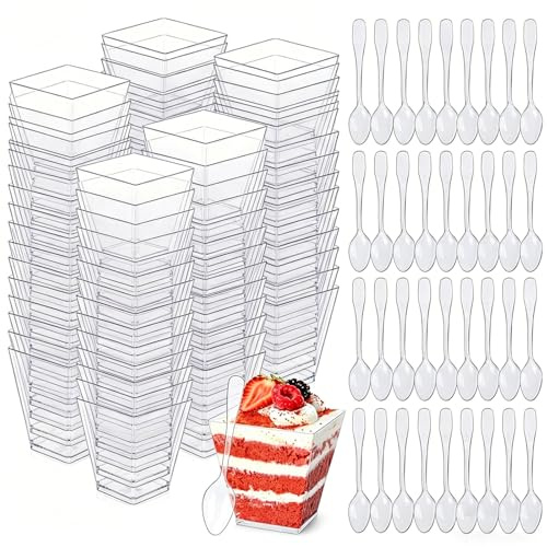 Muchfun 60 Stück Mini Dessertbecher Plastik mit Löffeln, 110 ml Wiederverwendbare Dessertgläser Plastik, Kleine Dessertschalen transparent für Nachtisch, Pudding, Mousse, Party (Trapez 60pcs/110ml)