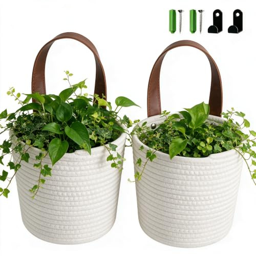 2 Stück Hängekorb, Weiß Baumwollkörbe Korb mit Ledergriff, Hängender Gewebter Wandkorb, Home Hängekorb mit 2 Stück Garderobenhaken, Korb Hängend für Büro, Küche (16x18cm)