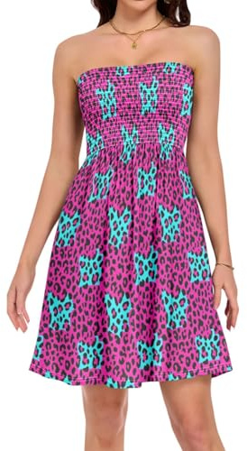 Wudan Bandeau-klänning utomhus resor axelbandslös tryckt vardaglig klänning för dagliga klädälskare, Magenta leopard, M