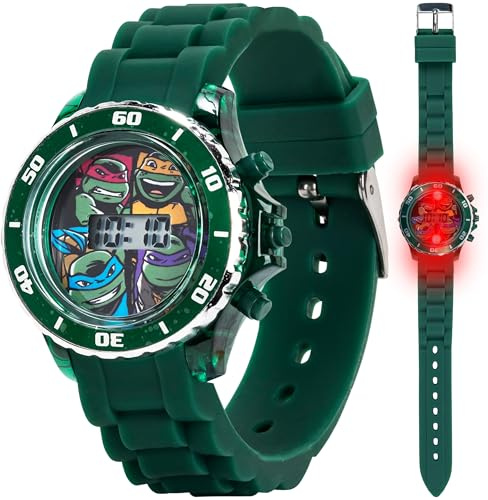 Nickelodeon Teenage Mutant Ninja Turtles Kids' LCD Watch – Flashing Light-Up Display, Bumpy Rubber Strap, Green Bezel, Digital Time Display, Adjustable Fit – Fits Wrists 5.5 to 8