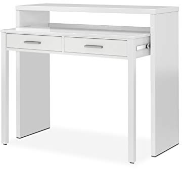 Ausziehbarer Konsolenschreibtisch mit zwei Schubladen, mattweiße Farbe, Maße 98 x 87 x 36 cm (ausziehbar bis 66 cm)