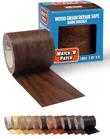 MATCH ’N PATCH Realistic Wood Grain Repair Tape - Self Adhesive Wood Repair Patch for Furniture, Floor, Cabinet, Window, Door & RV - Fix Scratches & Peeling Surfaces, DIY - Dark Walnut, 4.5 m x 5.7 cm