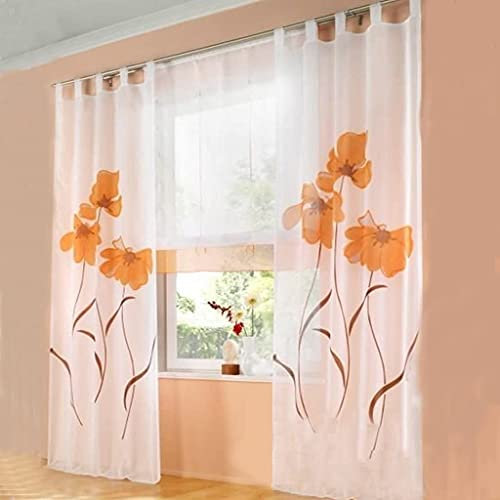 SIMPVALE 2 stücks Gardinenschal Gardine Print Blumen Vorhang für Wohnzimmer Schlafzimmer Schlaufenschal, Breite 150cm / Höhe 145cm, Orange