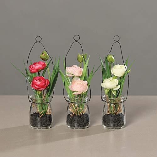 mucplants 6X künstiche Ranunkeln im Glastopf 19cm (3X weiß, 2X pink, 1x Fuchsia) zum Stellen oder Hängen Tischdekoration Kunstblume Frühlingsdekoration Seidenblumen