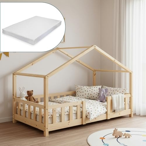 [en.casa] Kinderbett Treviolo mit Matratze 80x160 cm Holzfarben | Hausbett, Holzbett für Kinder, mit Rausfallschutz, Montessori, Bettgestell mit Lattenrost, Kiefernholz