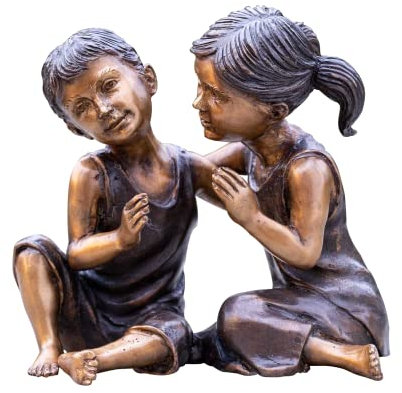 IDYL Bronze-Skulptur Lächelnde Kinder | 13x10x14 cm | Kinderfigur aus Bronze handgefertigt | Gartenskulptur oder Wohnbereich-Dekoration | Hochwertiges Kunsthandwerk | Wetterfest