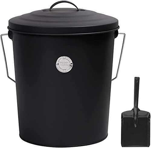 Muddy Hands Fireplace Ash Bucket with Lid & Carry Handle Coal Fuel Log Wood Kindling Carrier Storage (Black + Shovel)