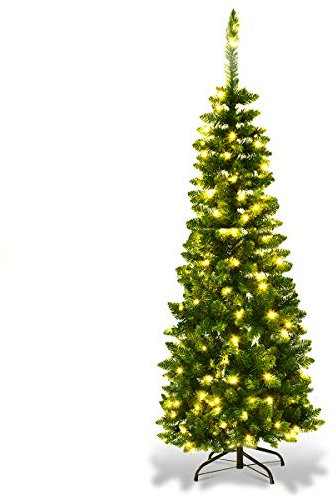 COSTWAY 4.5FT/5FT/6FT/6.5FT/7.5FT Pre-lit Slim Christmas Tree, Hinged Pencil Xmas Tree with Warm LED Lights, Foldable Metal Stand & Superior PVC Leaves, Holiday Decoration for Home and Shops(7.5FT)