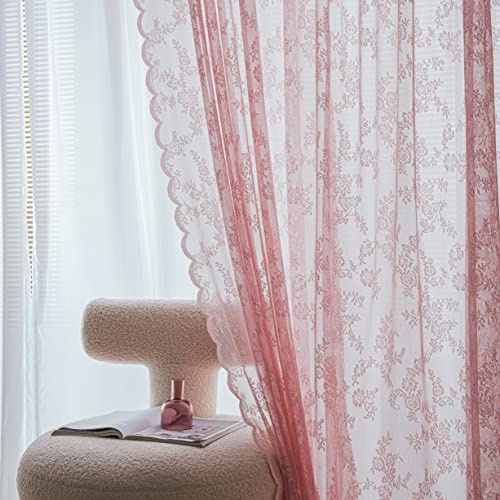Sutuo Home Lace Curtains 2 Panels Set, Blush Pink Sheer 72 Inch Long Window Floral Vintage Voile Window Panel Treatment for Bedroom/Living Room/Kitchen, Decor Rod Pocket W57 x L72