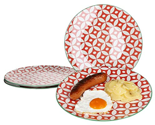 Ritzenhoff & Breker Makina rot 4er Set Speiseteller I Ø 27 cm I 4 Personen I Essteller, große Platte, Beilagenteller I Retro-Design I Porzellan-Geschirr mit rot-weißem Dekor & grünem Rand