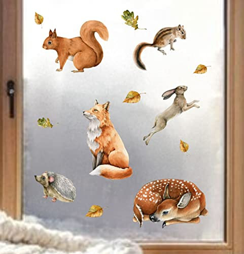 wolga-kreativ Fenstersticker Fensterbilder Glasdekorfolie Motiv Fensterfolie Fenstertattoo Wald Igel Eichhörnchen Fuchs Hase Aufkleber Sticker