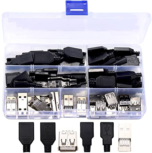 RUNCCI-YUN 40pcs Löten USB Typ A Stecker, USB 2.0 Typ A Stecker USB 4 Pin Steckerbuchse mit Kunststoffabdeckung DIY- Schwarz + Silber