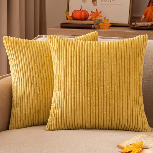 EMEMA Kissenbezug 45x45 Herbst Kordsamt Kissenbezüge Strohgelb Dekokissen | Sofakissen Cord Kissenhülle Zierkissenbezug Kord Dekorative Weiche für Sofa Wohnzimmer Schlafzimmer 2er Set