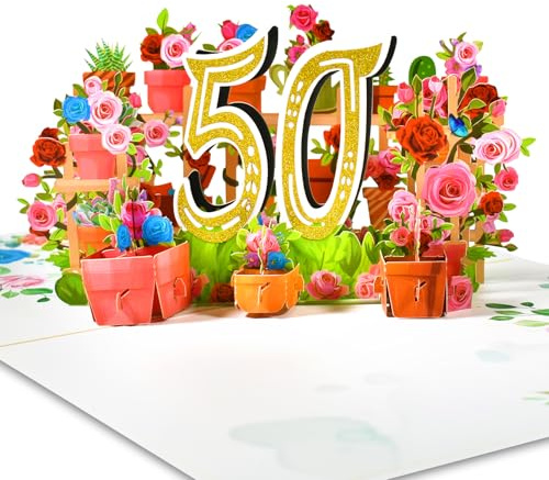 GREETING ART 50. Geburtstagskarte, Pop-up-Karte zum 50 Jahrestag,Blume Pop Up Grußkarten, 3D Pop Up Karte Geburtstag Grußkarte für Frauen Mütter Ehefrau Männer Freunde Romantik Geschenk-Karte