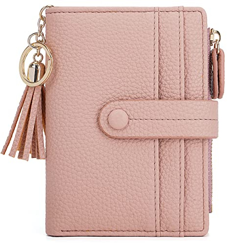 HKCLUF Geldbörse Damen Kleine, Geldbeutel Frauen Leder, RFID Portemonnaie Brieftasche Münzfach mit Quaste Damengeldbörsen Reißverschluss Viele Fächer(B04-Rosa)