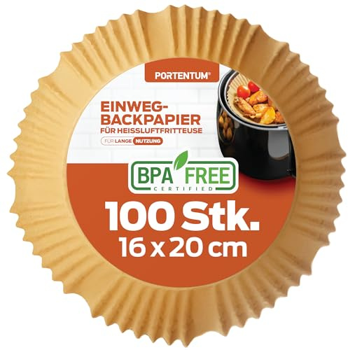 PORTENTUM Air fryer bakpapper – 100 stycken gratis BPA Food-Grade 16 x 20 cm, för oljefri fritös 3 till 4,5 liter - perfekt för hälsosam matlagning
