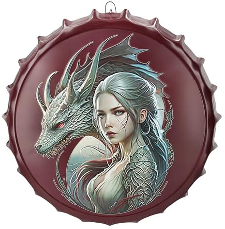 Blechschild Kronkorken Drachen Prinzessin 42 cm rot - Fantasy Wand Deko Schild Metallschild Gothic Blech Metall