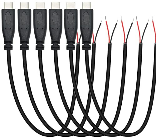 RUNCCI-YUN 6 Pièces Queue de cochon USB Type-C,22AWG 5V 3A prise USB-C vers fil nu à 2 broches,USB type C rallonge de câble, prise USB C à souder avec extrémité ouverte pour les bricoleurs (25 cm)