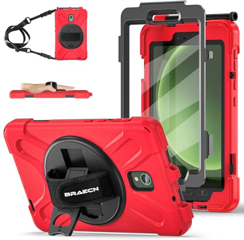 BRAECN Coque pour Samsung Galaxy Tab Active 5/Active 3-8 Pouces Rouge | Étui de Robuste avec Film Protection Support Rotatif à 360°et Dragonne Bandoulière Résistant Housse SM-X300/X306B/T570/T575