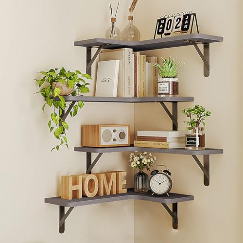 BAKAJI Set 4 Mensole in Legno Angolari, Scaffalatura ad Angolo Montaggio a Muro, Aste Metallo, Scaffalatura per Camera da Letto, Soggiorno, Cucina, Bagno, Libreria Salvaspazio (Grigio)