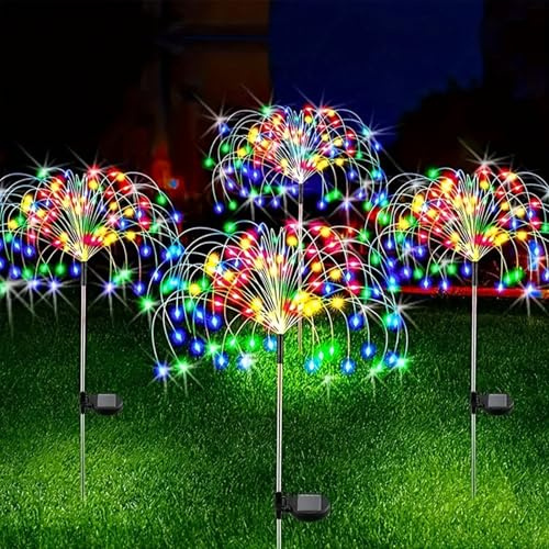 VASTFIRE Lot de 4 lampes solaires de jardin, feux d'artifice colorés, 2 modes d'éclairage avec télécommande, 200 LED scintillantes, étanches, décoration extérieure, pour allée