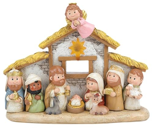 Fenteer Ensemble de Crèche de Noël en Résine Religieuse Miniature, Crèche de Noël, Polyrésine, Ornement de Dessin Animé avec Lumière, Décoration de Noël