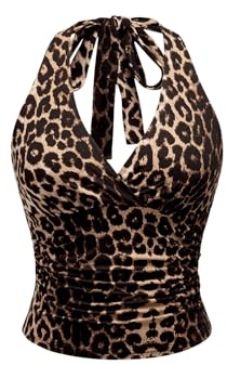 GORGLITTER Women's Sleeveless Crop Halter Neck Top Leopard Print Top | V Neck Tie Backless, Summer Festival Tops, Going Out Tops, Grunge Punk Y2K Tops, Backless Ruched Vest