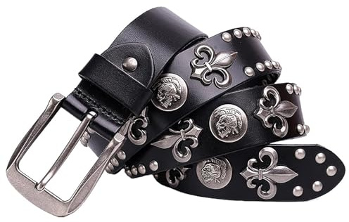 Nietengürtel Gürtel, Punk Gürtel, Y2K Gürtel mit Totenkopf und Rundnieten im Vintage Style, echtem Leder für Damen und Herren,Ledergürtel kürzbar(A,110cm/waist:36~38)