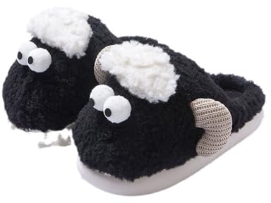 ZNEL Niedliche Schaf Tier Hausschuhe Für Herren Damen Flauschig Warme Neuheit Pantoffel rutschfest Dicke Sohle Indoor Outdoor Pantoffeln(44/45 EU, Black)