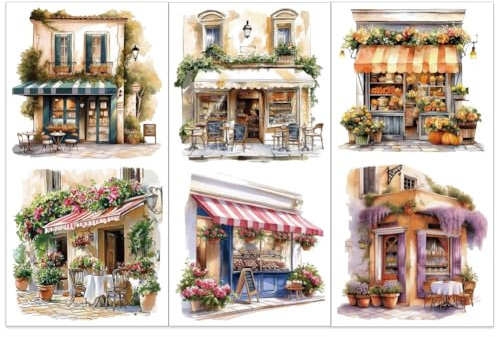 OLYCRAFT 3 Stück/Set Watercolor Shop Abziehbilder Zum Aufreiben Für Möbel Und Kunsthandwerk 15x30cm Große Schaufenster Möbelaufkleber Retro Gebäude Transferaufkleber Abziehbilder Zum Aufreiben