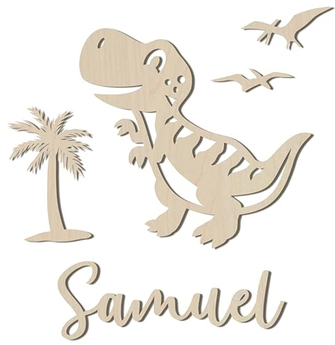 Suzu Papers Personalisiertes Türschild Kinderzimmer mit Name – Dino – Holz Namensschild - Personalisierte Baby Zimmer Dekoration - Namensschild Kinderzimmertür & Holzbuchstaben Kinderzimmertür (Dino)