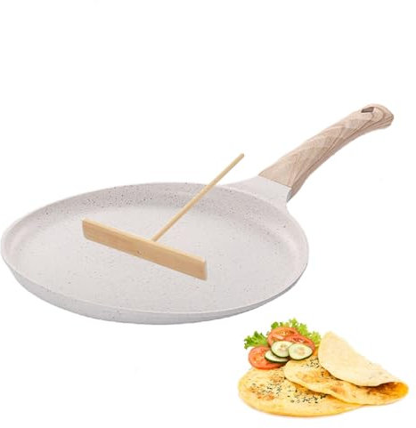 WEELOO Non Stick Crepe Pan, Pancake Pan Induction Hob Crepe Pan 24cm with Wooden Batter Spreader, Cast Die-Cast Aluminum Pan with Non-Stick Coating for Fried Eggs, Steak, Bacon & Sausages -White