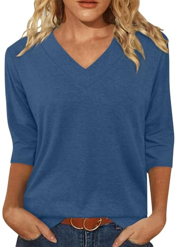 Minetom Camiseta para mujer, manga 3/4, cuello en V, camiseta de verano, jersey de otoño, básico, camisetas básicas, A azul oscuro., XL