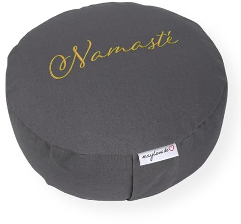 maylow Yoga mit Herz® Hochwertige Meditationskissen Yogakissen Stickerei Namasté Bezug waschbar Innenkissen Buchweizenschalen Ø33 cm H:15cm (Personalisierung nach Wunsch)