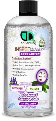 DD Teck Insect Repellent Body Lotion – 100% Natural Protection Against Mosquitoes, Lice, Ticks, Fleas – Lavender & Tea Tree Essential Oils – Safe for People & Pets (30ml Cap)