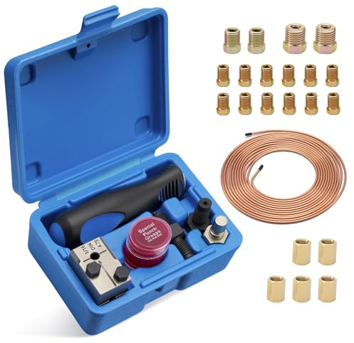 Wvoillty Outil Double Sertissage pour Conduites de Frein DIN, 4,75 mm (3/16), Kit D'outils Sertir pour Conduites de Frein, 7,62m de Conduite Frein Ø 4,75 mm avec 16 Raccords + 5 Connecteurs