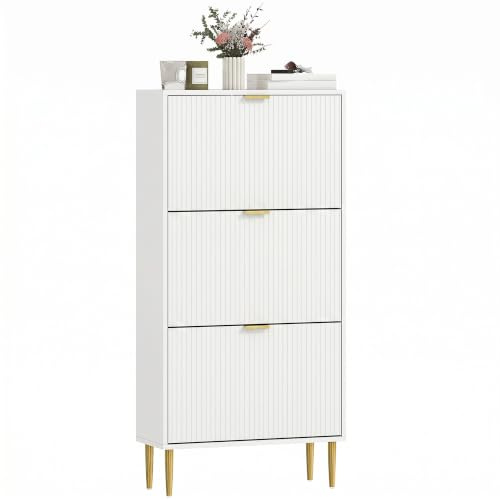 HOMCOM Narrow Shoe Cabinet with 3 Flip Drawers, 9-18 Pairs, White