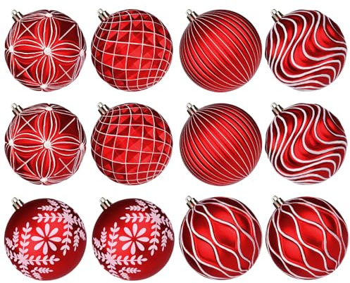 Lanpn 12 STK 10cm Große Weihnachtskugeln für Draußen, Grosse Weihnachtsbaum Kugeln Aussen, XXL Christbaumkugeln Outdoor, Riesen Tannenbaum Kugel Weihnachts-DEK Christbaum-Schmuck, Rotweiß