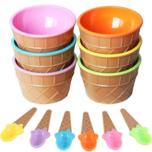 Ice Cream Bowl Set, 6Pcs Colorful Dual-Layer PP Cups with Spoons, Party Favors & Dessert Serving Dishes for Bars