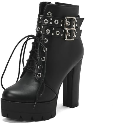 JMdfcqer Mode Bottines à Talons Hauts pour Femme Fermeture Éclair Plateforme Bottes avec Clous et Boucle à Bretelles,Noir,38 EU