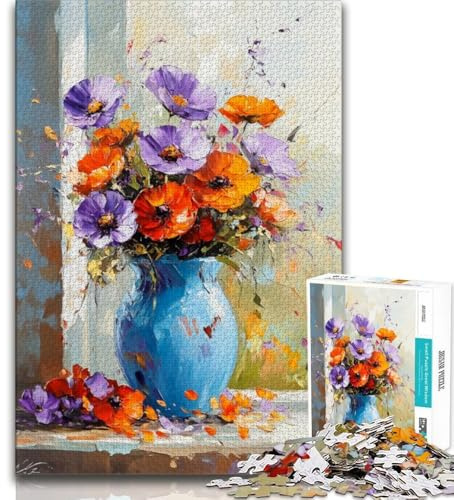 Puzzle 1000 pièces pour Adultes et Adolescents Vase Bleu et chrysanthèmes colorés, Jeu Stimulant et Jeu Familial avec des pièces entièrement emboîtables de Formes aléatoires 38x26cm