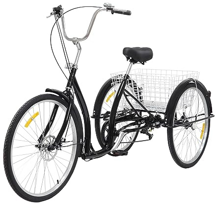 PromiseFly 26 Zoll Erwachsene Dreirad, Verstellbares 3 Räder Fahrrad, 6-Gang Cruiser City Tricycle Tragkraft 120 kg für Strände, Fahrradwege Tragkraft des Korbs 25 kg (190x75x120 cm)