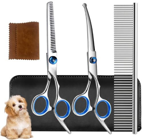 Soodyoow Tijeras Peluquería Canina 5 en 1, Tijeras para Perros Cortar Pelo con Punta Redonda Segura, Tijeras Curvas para Perros, Acero Inoxidable Kit Profesional