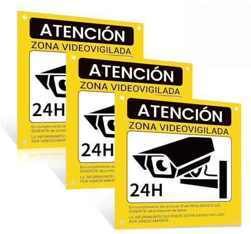 Scettar 3 Piezas Cartel Videovigilancia Aluminio,15 * 15CM Cartel Zona Videovigilada Reflectante de Aluminio,Carteles Alarma con Adhesivo y Agujeros Pre-perforados