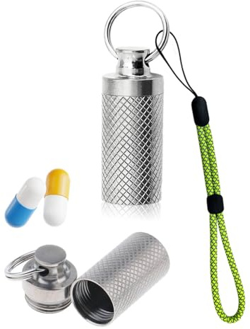SCJJZ 1Pcs Portapillole Portachiavi, Pillole in Alluminio Pill Box, Mini Porta Pillole in Alluminio, Mini Portapillole Portatile, Con verde cordino, per Viaggi All'aperto(argento)