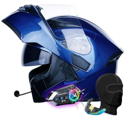 Bluetooth Modular Motorbike Helmet, Flip-Up Full Face Helmet with Dual Visors, Built-in Speakers, ECE Approved, for Adult Riders (Blue, L 59~60CM)