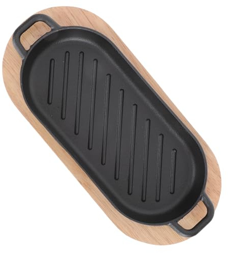 TOYANDONA Assiette Steak en Fonte Rectangulaire Plateau Bois, Plaque Gril Antiadhésive, Cuisson Thermique Uniforme, Usage pour Viande et Poisson, Compatible Gaz et Induction