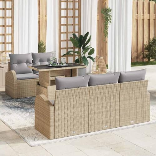 QUAHEAS Trädgårdssockset med kudde, 6 delar, beige poly rotting, modulär loungesoffa för terrass och balkong, väderbeständigt utomhusmöbelset med soffbord