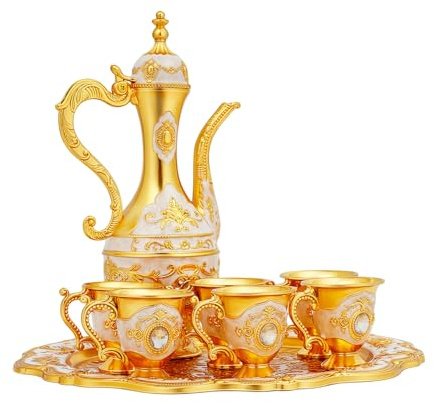 Juego de té turco Vintage Tetera y 6 Tazas Aleación de Zinc | Diseño Vintage Turco - Relieve Dorado, Aleación de Zinc Durable